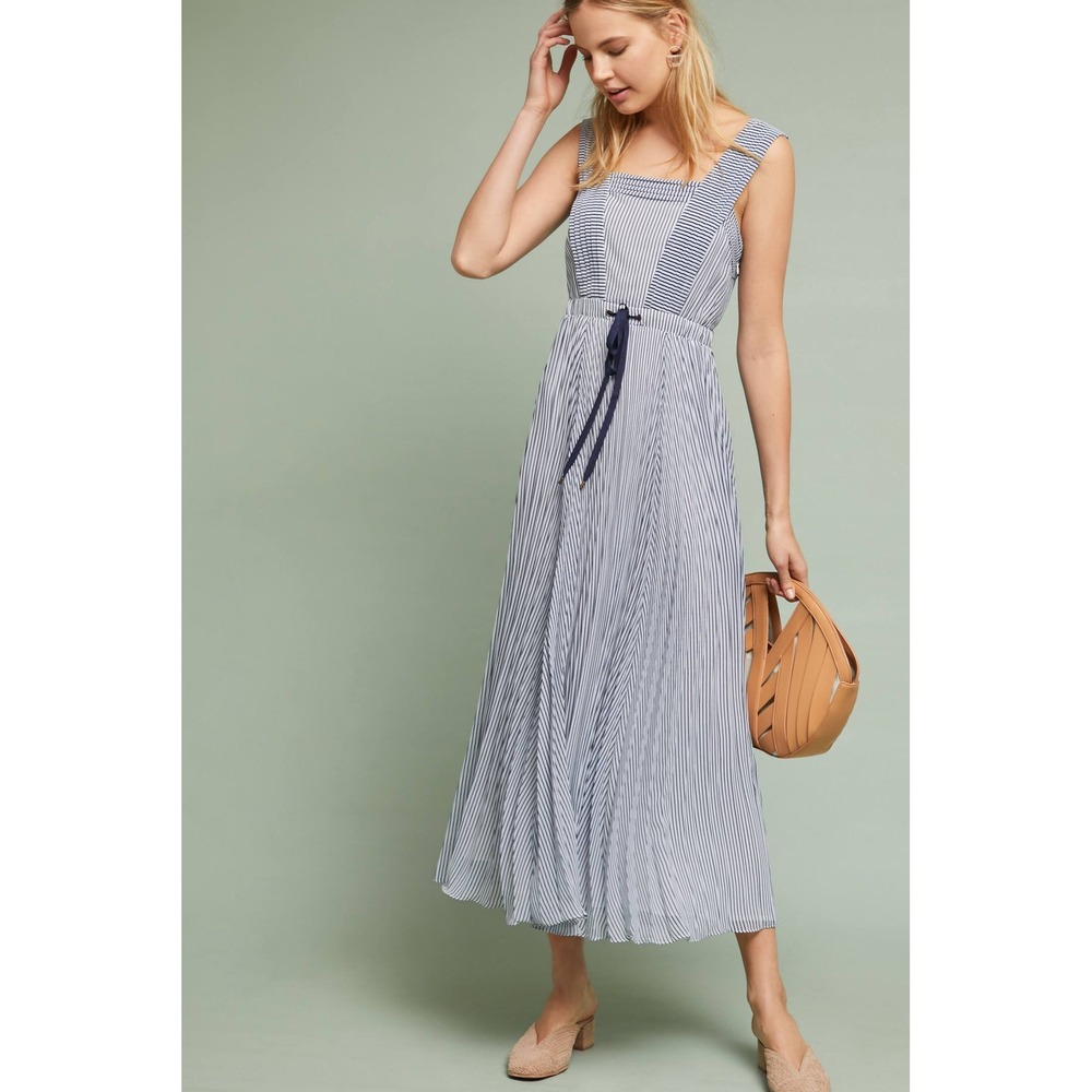 Maeve Anthropologie Blue White Striped Pleated Maxi Dress Drawstring Waist Sz 12